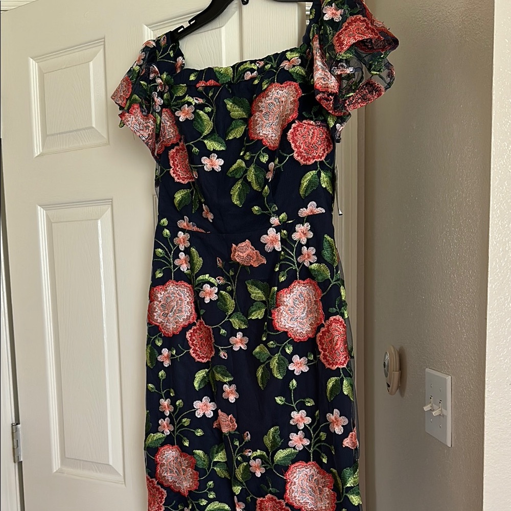 Adrianna Papell Pink and Orange Shoulder Sundress embroidered and lined